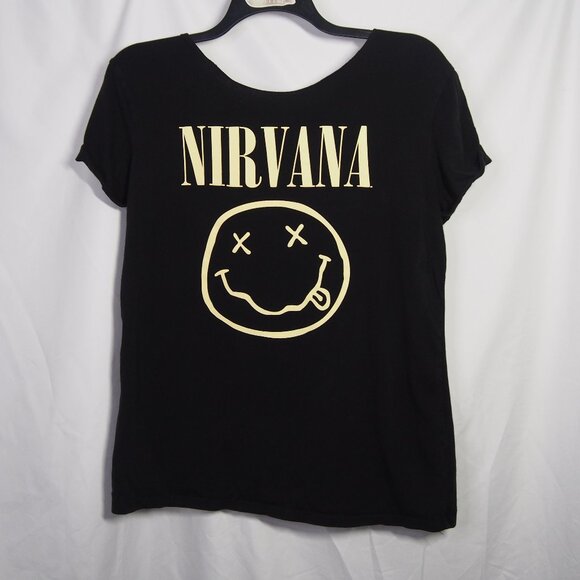 Nirvana Black/ Yellow Smiley Band Logo Rolled Collar T-Shirt Size L - Picture 2 of 15